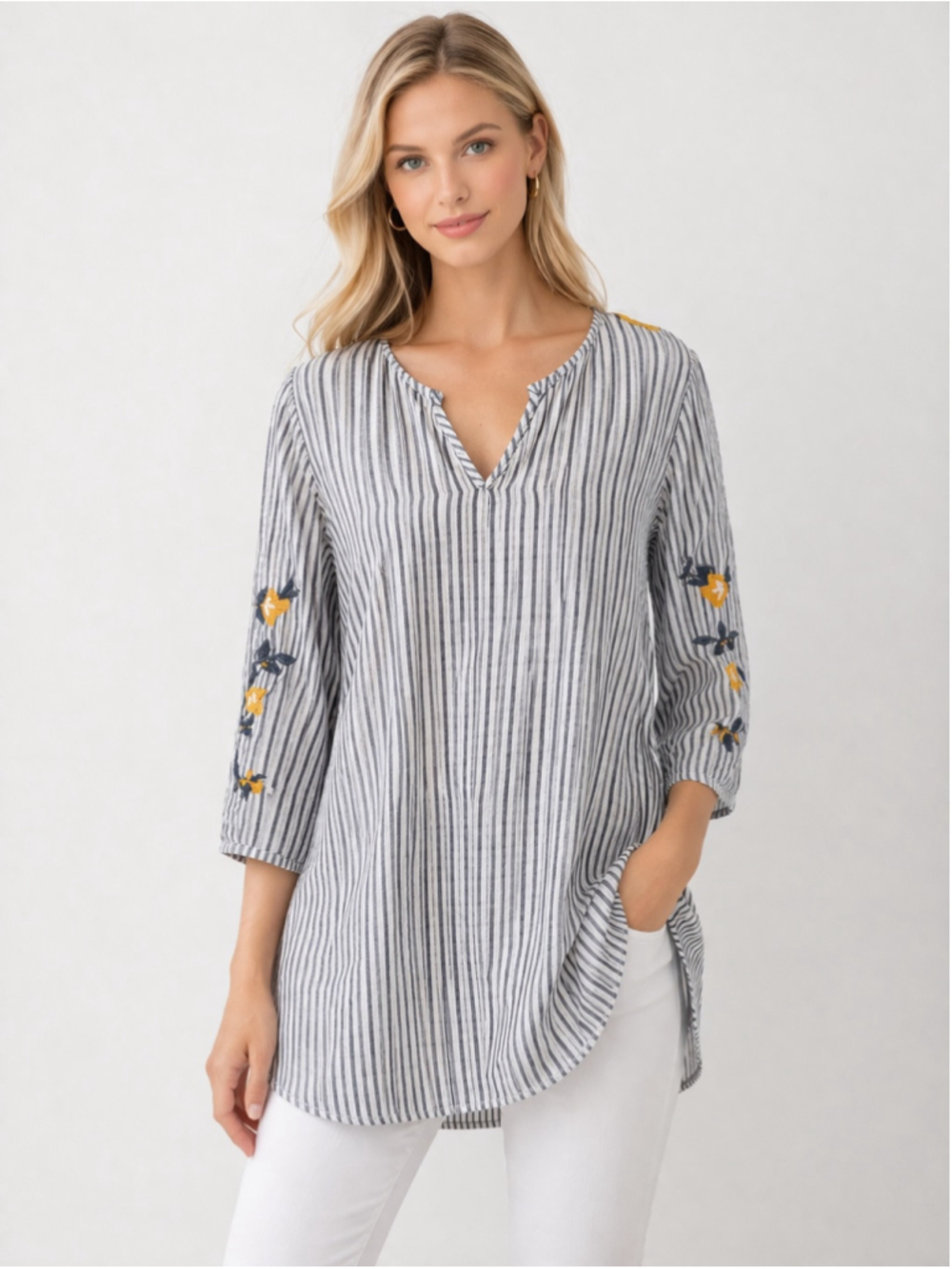 J.Jill Boho Striped Floral Embroidered Tunic Blouse Cotton V-Neck Cotton Size L